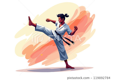 Dynamic Martial Arts Karate Kick Illustration with Vivid Colors and Bold Style 119892784