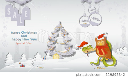 Special Offer Christmas and New Year Sale Snake and owl Santa Claus hat next to a fir tree in a winter snowy forest Special Offer Christmas and New Year Sale Snake and owl Santa Claus hat next to a fir tree in a winter snowy forest 119892842