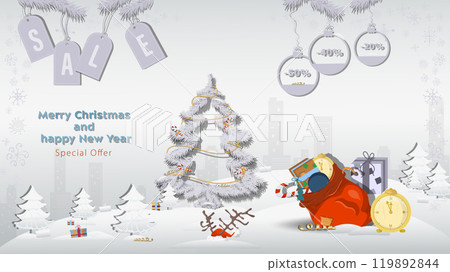 Special offer Christmas and New Years Sale a bag with gifts and a watch next to a fir tree in a winter snowy forest Special offer Christmas and New Years Sale a bag with gifts and a watch next to a fir tree in a winter snowy forest 119892844