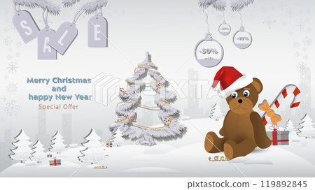 Special Offer Christmas and New Years Sale a bear toy in a Santa Claus hat next to a fir tree in a winter snowy forest Special Offer Christmas and New Years Sale a bear toy in a Santa Claus hat next to a fir tree in a winter snowy forest 119892845