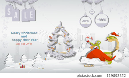 Special Offer Christmas and New Years Sale a snake hiding behind a big Santa Claus hat next to a fir tree in a winter snowy forest Special Offer Christmas and New Years Sale a snake hiding behind a big Santa Claus hat next to a fir tree in a winter snowy forest 119892852