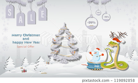 Special Offer Christmas and New Years Sale A snake in a Santa Claus hat with a glass ball next to a fir tree in a winter snowy forest 119892858