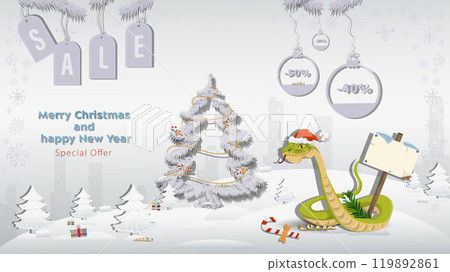 Special offer Christmas and New Years Sale A snake in a Santa Claus hat with a wooden sign with a fir tree in a winter snowy forest Special offer Christmas and New Years Sale A snake in a Santa Claus hat with a wooden sign with a fir tree in a winter snowy forest 119892861