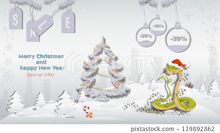 Special offer Christmas and New Years Sale A snake in a Santa Claus hat wrapped in a garland with a fir tree in a winter snowy forest 119892862
