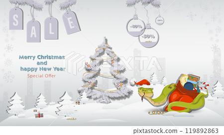 Special Offer Christmas and New Years Sale A snake in a Santa Claus hat wraps around a bag of gifts next to a fir tree in a winter snowy forest 119892863