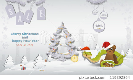 Special Offer Christmas and New Years Sale A snake in a Santa Claus hat wraps around a bear toy next to a fir tree in a winter snowy forest Special Offer Christmas and New Years Sale A snake in a Santa Claus hat wraps around a bear toy next to a fir tree in a winter snowy forest 119892864