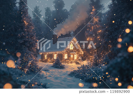 Cozy Winter Cabin Surrounded by Snowy Trees Under a Starry Night Sky 119892900