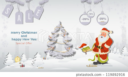 Special Offer Christmas and New Years Sale A snake in a Santa Claus hat wraps around Santa Claus next to a fir tree in a winter snowy forest 119892916