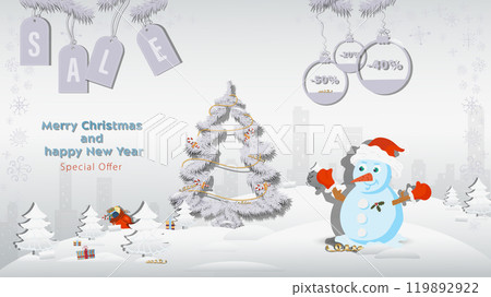 Special offer Christmas and New Years Sale A snowman in a Santa Claus hat next to a fir tree in a winter snow forest Special offer Christmas and New Years Sale A snowman in a Santa Claus hat next to a fir tree in a winter snow forest 119892922