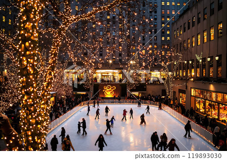 Magical Winter Evening Ice Skating Rink Decorated with Twinkling Lights and Joyful Crowd Magical Winter Evening Ice Skating Rink Decorated with Twinkling Lights and Joyful Crowd 119893030
