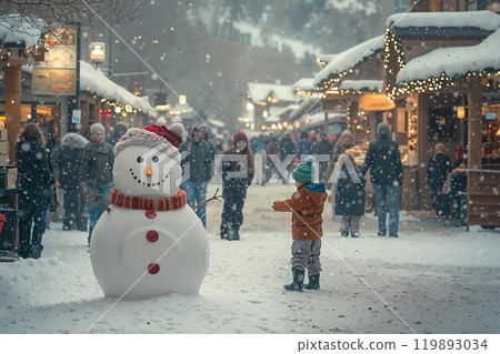 Charming Winter Wonderland Scene with Snowman Surrounded by Festive Holiday Market 119893034