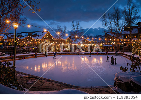 Enchanting Winter Skating Rink Illuminated by Twinkling Lights at Dusk 119893054