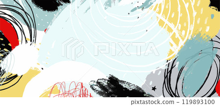 Modern abstract banner with place for text, paint spots, lines and dots, contemporary background for card, festive bright contrast colors. Vector. Modern abstract banner with place for text, paint spots, lines and dots, contemporary background for card, festive bright contrast colors. Vector. 119893100