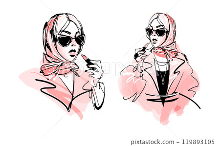 Glamorous girl paints her lips with lipstick, fashionable young woman in autumn clothes, stylish sketch illustration with marker. Vector isolated on white background. Glamorous girl paints her lips with lipstick, fashionable young woman in autumn clothes, stylish sketch illustration with marker. Vector isolated on white background. 119893105