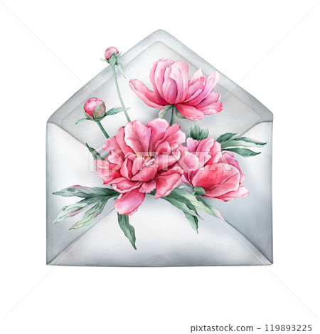 Open grey vintage envelope with pink peony flowers in full bloom isolated on a white background. Hand drawn watercolor illustrations Summer botanical plant. Elements for design invitations. Open grey vintage envelope with pink peony flowers in full bloom isolated on a white background. Hand drawn watercolor illustrations Summer botanical plant. Elements for design invitations. 119893225