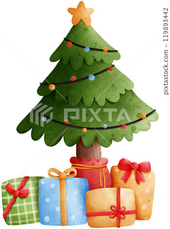 Christmas tree with gifts watercolor illustration Christmas tree with gifts watercolor illustration 119893442