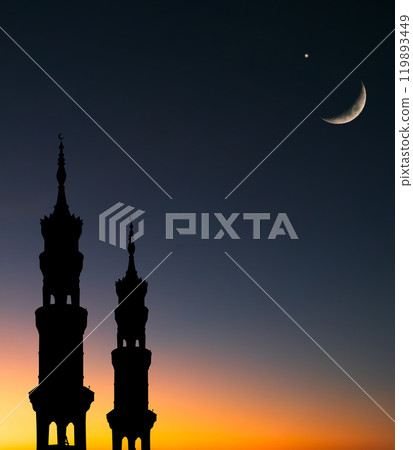 Musque Dome Night Building with Sky Moon Sunset Background Mubaruk Greeting Islam Ramadan Element Masjid Aqsa Hajj Kaaba Umrah Eid Arabian Religion Islamic Muhammad Arab Muslim Greeting. 119893449