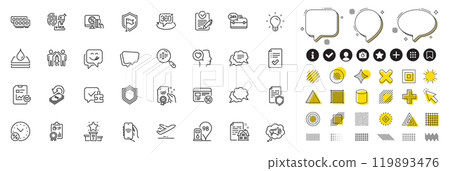 Set of Puzzle, Certificate and Loan percent line icons for web app. Design elements, Social media icons. Rfp, Approved checklist, Text message icons. Vector 119893476