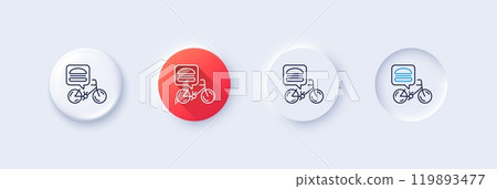 Food delivery bike line icon. Neumorphic, Red gradient, 3d pin buttons. Contactless meal order sign. Grocery delivery symbol. Line icons. Neumorphic buttons with outline signs. Vector 119893477