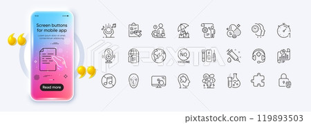 Medical syringe, Inspect and Hold document line icons for web app. Phone mockup gradient screen. Pack of Touch screen, Fingerprint lock, No music pictogram icons. Vector Medical syringe, Inspect and Hold document line icons for web app. Phone mockup gradient screen. Pack of Touch screen, Fingerprint lock, No music pictogram icons. Vector 119893503