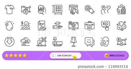 Dresser, Online shopping and Road line icons for web app. Pack of Vitamin e, Health skin, Food app pictogram icons. Bid offer, Check investment, Report signs. Touchscreen gesture. Search bar. Vector 119893518