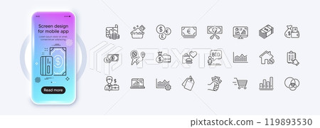 Cut tax, Euler diagram and Salary line icons for web app. Phone mockup gradient screen. Pack of Operational excellence, Graph chart, Usd currency pictogram icons. Vector Cut tax, Euler diagram and Salary line icons for web app. Phone mockup gradient screen. Pack of Operational excellence, Graph chart, Usd currency pictogram icons. Vector 119893530
