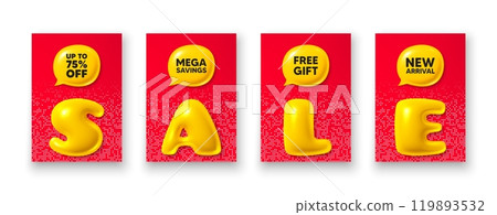 Poster templates with 3d sale text. Up to 75 percent off sale. Discount offer price sign. Special offer symbol. Save 75 percentages. Discount tag poster frame message. Offer chat bubbles. Vector Poster templates with 3d sale text. Up to 75 percent off sale. Discount offer price sign. Special offer symbol. Save 75 percentages. Discount tag poster frame message. Offer chat bubbles. Vector 119893532