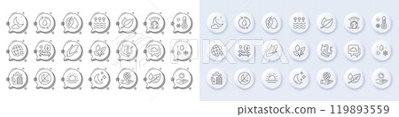 Moon, Bio shopping and Night weather line icons. White pin 3d buttons, chat bubbles icons. Pack of Corn, Weather, Insomnia icon. Plants watering, Mint leaves, Leaf dew pictogram. Vector 119893559