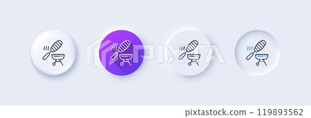 Grill line icon. Neumorphic, Purple gradient, 3d pin buttons. Barbecue fish basket sign. Meat brazier cooker utensils symbol. Line icons. Neumorphic buttons with outline signs. Vector Grill line icon. Neumorphic, Purple gradient, 3d pin buttons. Barbecue fish basket sign. Meat brazier cooker utensils symbol. Line icons. Neumorphic buttons with outline signs. Vector 119893562