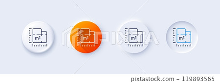 Floor plan line icon. Neumorphic, Orange gradient, 3d pin buttons. Room dimension sign. House area measurement symbol. Line icons. Neumorphic buttons with outline signs. Vector 119893565