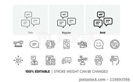 Group chat, Speech bubble and Sms. Message and Communication icons. Contact linear icon set. Line icons set. Vector 119893566
