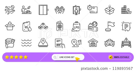Parcel invoice, Gas cylinder and Petrol canister line icons for web app. Pack of Cardboard box, Send box, Milestone pictogram icons. Baggage, Lift, Taxi signs. Journey, Wholesale goods. Vector 119893567