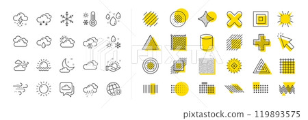 Cloudy sky, winter snowflake, thermometer. Design shape elements. Weather and forecast line icons. Moon night, rain and sunset icons. Vector 119893575