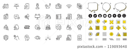 Set of Tool case, Statistic and Car registration line icons for web app. Design elements, Social media icons. Weather forecast, Aroma candle, Discounts calendar icons. Vector Set of Tool case, Statistic and Car registration line icons for web app. Design elements, Social media icons. Weather forecast, Aroma candle, Discounts calendar icons. Vector 119893648