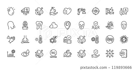 Stop stress, Skin care and Wash hands line icons pack. AI, Question and Answer, Map pin icons. Vitamin e, Riboflavin vitamin, Thermometer web icon. Vector 119893666