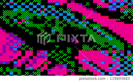 Abstract glitch art with pixelated green and pink patterns on black background 119893683