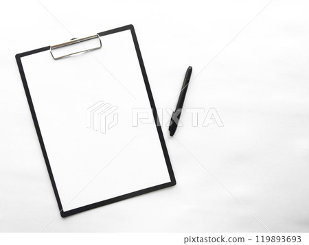 Minimalist clipboard with blank paper and pen on white background 119893693