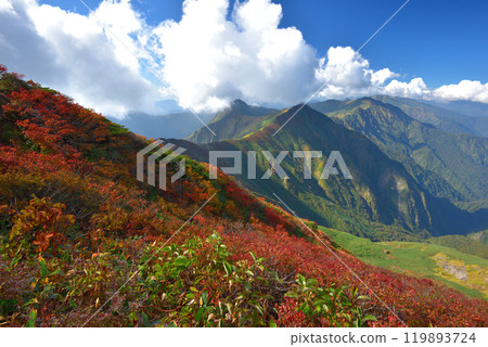 The Tanigawa mountain range seen from the ridgeline of Mt. Tanigawa in autumn colors The Tanigawa mountain range seen from the ridgeline of Mt. Tanigawa in autumn colors 119893724