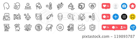 Food, Medical flight and Low thermometer line icons pack. Social media icons. Vegetable, Medical mask, Night cream web icon. Face accepted, Stress, Overeating pills pictogram. Vector 119893787