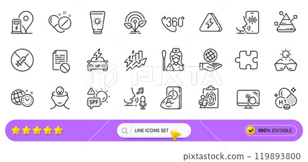 360 degree, Medical pills and Car charging line icons for web app. Pack of Mental health, Microphone, Fitness pictogram icons. Fingerprint, Wrong file, Consumption growth signs. Search bar. Vector 119893800