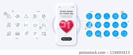 Phone mockup with 3d heart icon. Column diagram, Security app and Chemical formula line icons. Pack of Timer, Ceiling lamp, Calendar icon. Like, Card, Cyber attack pictogram. Vector 119893813