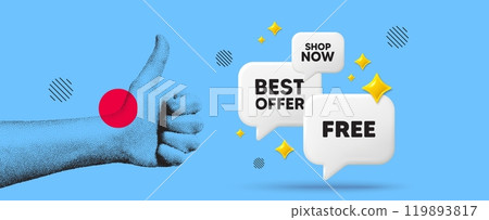 Hand showing thumb up like sign. Free tag. Special offer sign. Sale promotion symbol. Free chat 3d speech bubble. Grain dots hand. Like thumb up sign. Shop now. Vector Hand showing thumb up like sign. Free tag. Special offer sign. Sale promotion symbol. Free chat 3d speech bubble. Grain dots hand. Like thumb up sign. Shop now. Vector 119893817