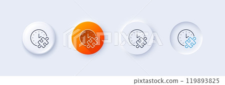 Puzzle time line icon. Neumorphic, Orange gradient, 3d pin buttons. Jigsaw piece with clock sign. Business challenge symbol. Line icons. Neumorphic buttons with outline signs. Vector Puzzle time line icon. Neumorphic, Orange gradient, 3d pin buttons. Jigsaw piece with clock sign. Business challenge symbol. Line icons. Neumorphic buttons with outline signs. Vector 119893825