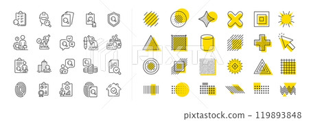 Quality research, Testing and Safety check icons. Design shape elements. Inspection line icons. Microscope analysis, quality control and house verification. Vector 119893848