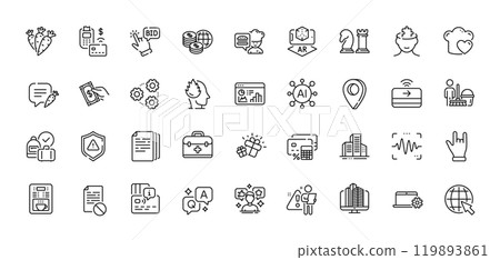 Carrots, First aid and Gift line icons pack. AI, Question and Answer, Map pin icons. Pos terminal, Buildings, Gears web icon. Social media, Voice wave, Internet pictogram. Vector 119893861