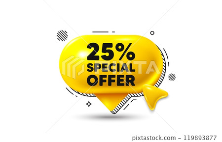 Click here speech bubble 3d icon. 25 percent discount offer tag. Sale price promo sign. Special offer symbol. Discount chat offer. Speech bubble banner. Text box balloon. Vector Click here speech bubble 3d icon. 25 percent discount offer tag. Sale price promo sign. Special offer symbol. Discount chat offer. Speech bubble banner. Text box balloon. Vector 119893877
