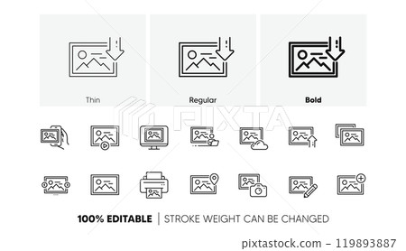 Print image, Photo camera, Upload picture icons. Photo line icons. Edit image, Play presentation and photo printer. Download picture, Gallery carousel, placeholder pic. View portfolio. Vector 119893887