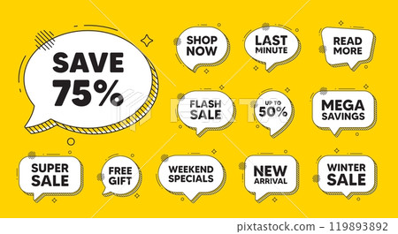 Offer speech bubble icons. Save 75 percent off tag. Sale Discount offer price sign. Special offer symbol. Discount chat offer. Speech bubble discount banner. Text box balloon. Vector 119893892