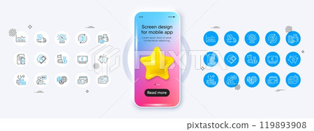 Refresh bitcoin, Loyalty points and Change money line icons. Phone mockup with 3d star icon. Pack of Deflation, Trade infochart, Online auction icon. Vector 119893908