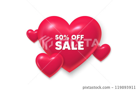 3d hearts love banner. Sale 50 percent off discount. Promotion price offer sign. Retail badge symbol. Sale message. Banner with 3d heart icon. Love Valentin template. Vector 3d hearts love banner. Sale 50 percent off discount. Promotion price offer sign. Retail badge symbol. Sale message. Banner with 3d heart icon. Love Valentin template. Vector 119893911